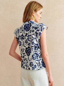 Écloséra 法式复古镂空刺绣印花盖袖立领V领白底蓝花女衬衫夏季上衣女夏装女度假装女优雅女士外出上衣夏季女短袖 - 彩色 - 查看 3