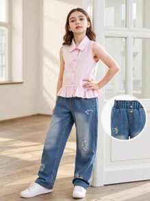 SHEIN 2件套青少年女孩休闲舒适彼得潘领无袖荷叶边衬衫和牛仔裤套装 - 粉色 - 查看 6