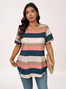 SHEIN LUNE Camiseta casual de cuello redondo, de manga corta, de talla grande, con estampado de rayas, para uso diario, otoño, viajes, aeropuerto, verano, vacaciones, primavera, para mujeres, verano, Pascua, holgada