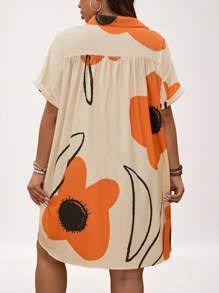 SHEIN LUNE 大码女式大花橙色花卉印花浅黄色蝙蝠袖短袖衬衫裙，适合夏季 - 彩色 - 查看 2