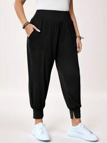 SHEIN LUNE Plus Size Camouflage  Green Sports And Leisure Pants With Pockets - Black - View 3