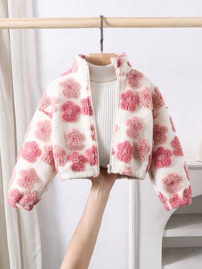 SHEIN Tween Girls' Casual Floral Jacquard Stand Collar Elastic Waist Loose Jacket, Versatile For Outings, Autumn/Winter, Girls Pink Floral Fleece Jacket, Kids Pink Flower Jacket, Cute Fleece Jacket For Girls, Tween Flower Jacket, Girls Plush Jacket Fall