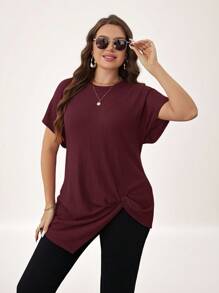 SHEIN LUNE Plus Size Summer Solid Color Round Neck Short Sleeve Casual T-Shirt With Twisted Hem - Burgundy - View 4