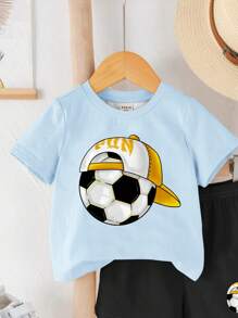 SHEIN Set de 2 piezas con camiseta de manga corta de cuello redondo y pantalones cortos casuales para bebé niño, adecuado para el verano