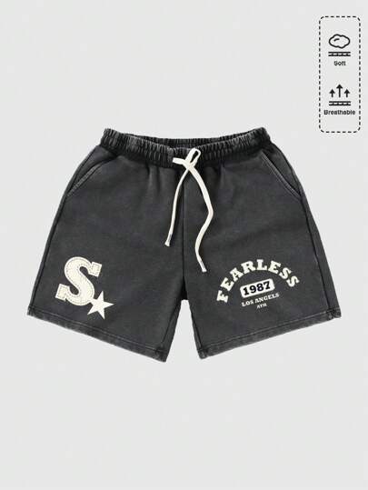 Street Life Pantalones cortos sueltos para hombres con aplicación de letra y lavado desgastado