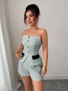 Elenzga 2pcs/Set Women Jacquard Camisole Top And Shorts Set