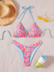 Swim Mod 2pcs/Set Women Holiday Vacation Beach Random Print Reversible Halter Top And Adorable Shorts Bikini Set For Summer - Multicolor - View 6