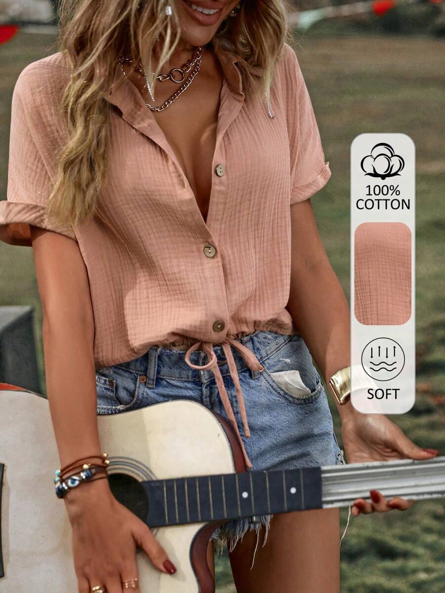 EMERY ROSE Solid Button Front Drawstring Hem Batwing Sleeve Shirt - Dusty Pink - View 1