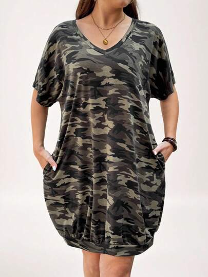 SHEIN LUNE Plus Size Camouflage Pattern Army Green Casual Sports Basic Daily Street V-Neck Dress, Summer
