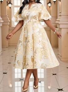 Fleurora 春夏优雅朴素派对婚礼鸡尾酒会音乐会/音乐节粉色编织缺口喇叭中长短袖大码连衣裙生日和活动连衣裙婚纱女士夏季服装女士夏季连衣裙女士连衣裙优雅女士夏季服装女士生日服装女士派对连衣裙女士教堂连衣裙女士节日服装夏季服装女士教堂服装女士巡航服装女士连衣裙女士婚礼宾客派对礼服教堂服装女士婚礼活动礼服生日服装女士节日服装，派对礼服 - 金色 - 查看 3