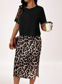 SHEIN LUNE Plus-Size Women'S Boho Summer Black T-Shirt + Leopard Print Side Slit Skirt Casual Women'S 2-Piece Set