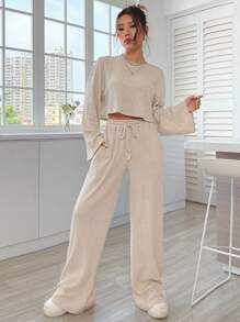 SHEIN EZwear Tricou crop și pantaloni cu șnur în talie