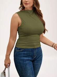 SHEIN LUNE ملابس علوية كاجوال بياقة صلبة وتجاعيد مناسبة للمقاسات الكبيرة للنساء، مناسبة للعطلات - أخضر عسكري - مشاهدة 4