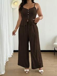 Rustia Setelan 2 Potong Celana Kasual Linen Musim Panas dengan Tali untuk Wanita, Gaya Minimalis - Coffee Brown - View 4