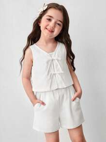 2件套少女心印花梭织吊带背心和短裤套装 - 白色 - 查看 6