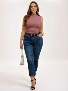 SHEIN LUNE Plus Size Women Summer Solid Collar Ruched Slim Casual White Tank Top Holiday
