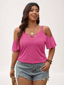 SHEIN LUNE Plus Size Casual Vacation Solid Color Open Shoulder Camisole T-Shirt Summer - Hot Pink - View 5