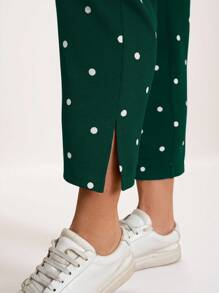 SHEIN LUNE Quần dài thường ngày in chấm bi cỡ lớn cho nữ có túi và xẻ tà bên hông cho kỳ nghỉ năm mới cho phụ nữ mùa đông ngày lễ tình nhân cho phụ nữ công sở đơn giản và thời trang cho mùa hè - Màu xanh lá cây đậm - Xem 3