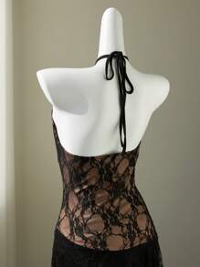 Elamini Black Lace Floral Sheer Metal Buckle Decor Halter Backless Tie Waist Ruffle Asymmetric Hem Mini Dress, Elegant Vintage Sexy Beach Holiday Cocktail Party Summer - Black - View 4