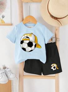 SHEIN Set de 2 piezas con camiseta de manga corta de cuello redondo y pantalones cortos casuales para bebé niño, adecuado para el verano