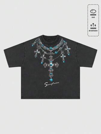 Goth Herren Vintage Washed Graphic Muster Lässiges Kurz T-Shirt