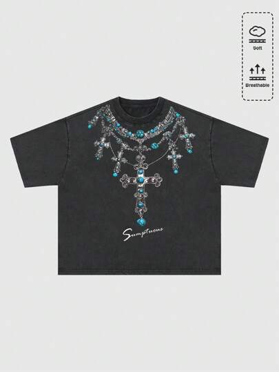 Goth Men's Vintage Washed Graphic Cross Print Loose Short T-Shirt