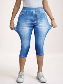 SHEIN LUNE Conjunto de vaquera de verano de talla grande para mujer, con efecto de mezclilla azul, cintura alta, pantalones pitillo casuales sencillos y de moda, para uso diario y vacaciones