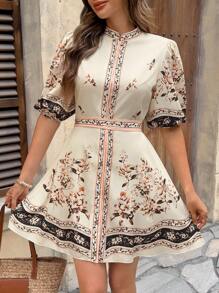 Pariaura Fashionable And Elegant Holiday Stand-Up Collar Button Belt Puff Sleeves Short Sleeves Waist Print Positioning Flower A-Line Women's Spring And Summer Short Dress Female Holiday Ladies Summer Dress Ladies Holiday Wear - Apricot - View 5