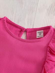 SHEIN Young Girl Casual Simple Comfortable Round Neck Ruffle Hem Vest And Mini Skirt 2 Pieces Set - Hot Pink - View 7