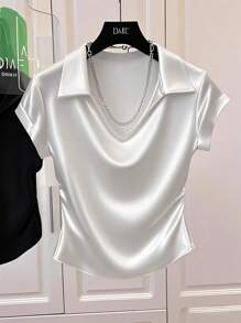 Franclia 女士时尚休闲纯色缎面亮面 T 恤，短袖上衣 - 白色 - 查看 3