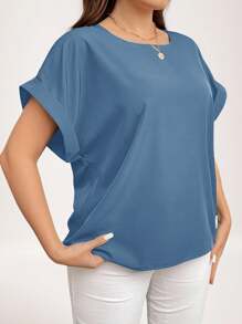 SHEIN LUNE 女士大码休闲纯色蝙蝠袖衬衫，夏季款 - 霧霾藍 - 查看 4