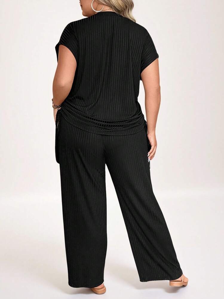 Plus Drawstring Side Batwing Sleeve Tee & Wide Leg Pants