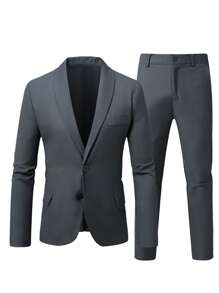 Manfinity Mode Conjunto de traje de unicolor para hombre de talla grande, chaqueta de manga larga y pantalones, de moda para el verano