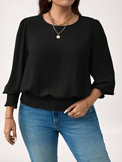 SHEIN LUNE 大码休闲纯色泡泡袖衬衫新年女装节日夏季女士度假女士情人节