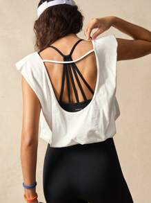 VARSIVA Camiseta deportiva de unicolor sin espalda para mujer, top de verano para entrenamiento de mujer - Blanco - Ver 2
