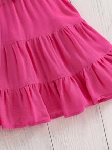 SHEIN Young Girl Casual Simple Comfortable Round Neck Ruffle Hem Vest And Mini Skirt 2 Pieces Set - Hot Pink - View 5