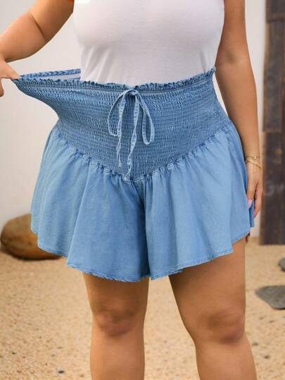 SHEIN LUNE Quần short denim rút dây tối giản màu trơn cỡ lớn cho nữ, trang phục dự tiệc mùa hè phong cách cao bồi miền Tây cho nữ, trang phục công sở thường ngày cho lễ hội, lễ tốt nghiệp tại sân bay, quần short thoải mái ngày 4 tháng 7, quần short denim thoải mái