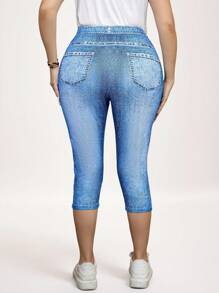 SHEIN LUNE Conjunto de vaquera de verano de talla grande para mujer, con efecto de mezclilla azul, cintura alta, pantalones pitillo casuales sencillos y de moda, para uso diario y vacaciones