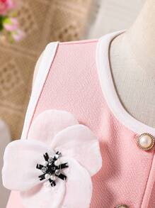 SHEIN 2件套女童3D花卉装饰单排扣背心和百褶裙套装 - 粉色 - 查看 3