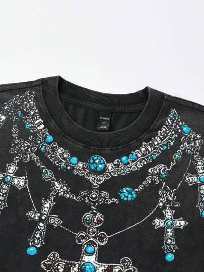 Goth Men's Vintage Washed Graphic Cross Print Loose Short T-Shirt