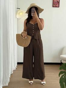 Rustia Setelan 2 Potong Celana Kasual Linen Musim Panas dengan Tali untuk Wanita, Gaya Minimalis - Coffee Brown - View 3