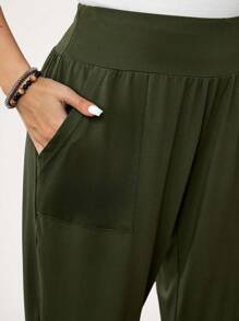 SHEIN LUNE Plus Size Army Green Sports Casual Pants With Pockets - Army Green - View 6