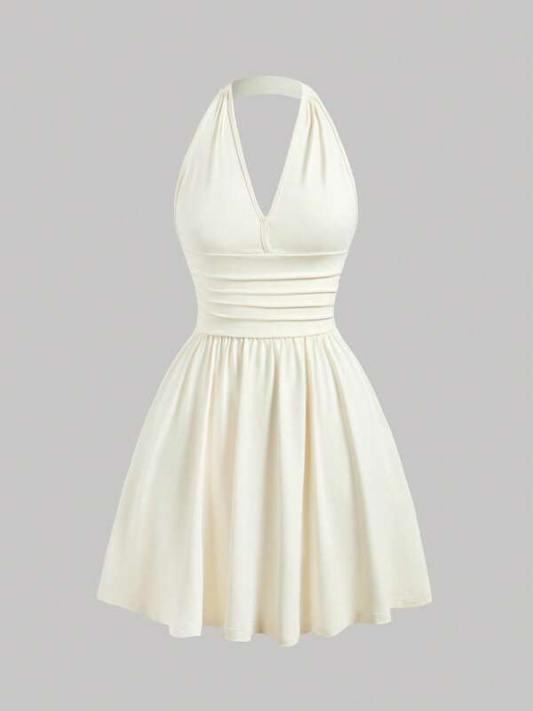 SHEIN MOD Summer Solid Color Halter Neck Backless V-Neckline Cinching Waist Dress
