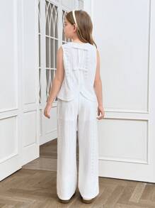 SHEIN Tween Girls Commuter Casual Jacquard Sleeveless Crew Neck Top And Straight Leg Pants Set