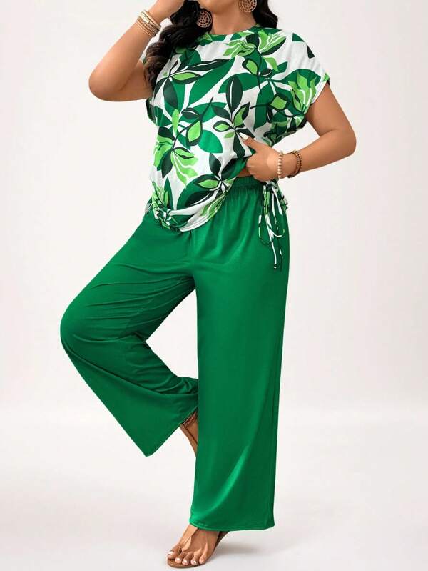 SHEIN LUNE Conjunto de dos piezas talla grande - Blusa verde con diseño de cordón lateral - Conjuntos casuales para mujer en Ramadán, Día de San Patricio, verano y primavera - Atuendos de vacaciones de San Patricio - Conjuntos de dos piezas para ropa de verano - Ropa casual de negocios para mujer