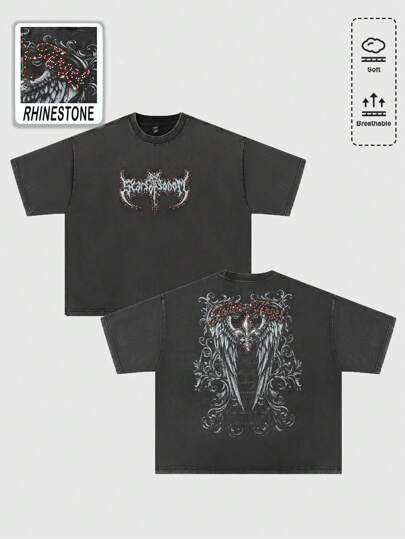 Street Life Men's Streetwear Washed Rhinestone Printed T-Shirt, Rave