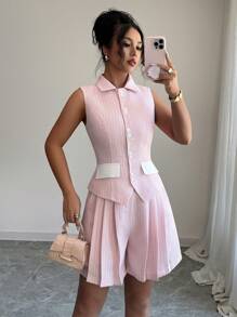 Selianne Front Button Vest And Cinched Waist Wide Leg Shorts Suit - Pink - View 1