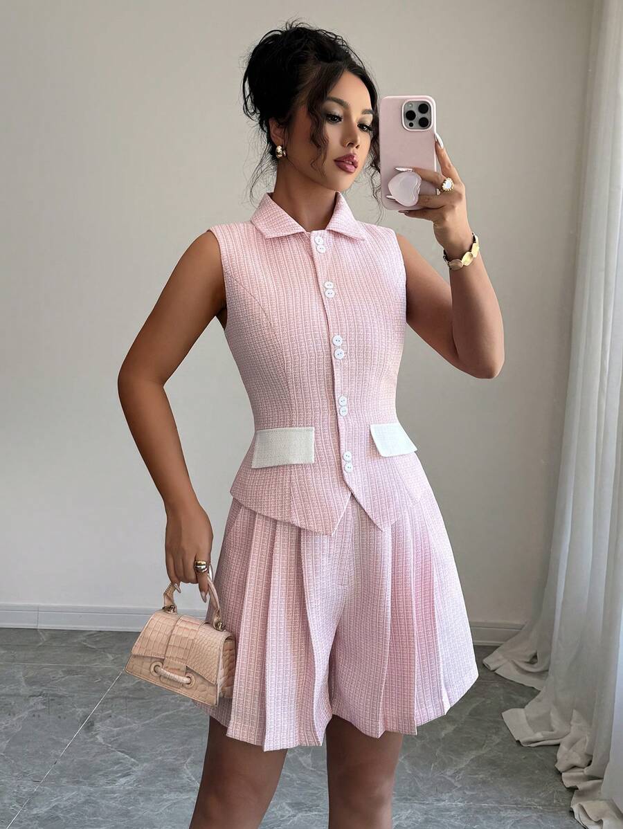 Selianne Front Button Vest And Cinched Waist Wide Leg Shorts Suit - Pink - View 1