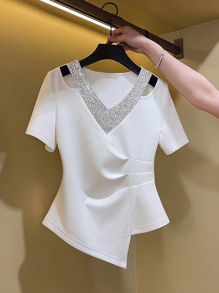 Franclia Camiseta de mujer de manga corta con cuello en V brillante, con abertura y bajo asimétrico, de moda para el verano - Blanco - Añade 1