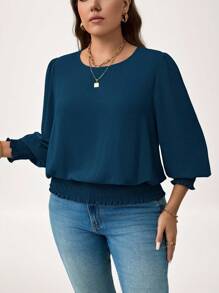 SHEIN LUNE Plus Size Casual Solid Color Puff Sleeve Blouse New Years Women Holiday Mother Day Summer Simple & Fashionable - Teal Blue - View 5